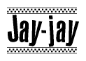 The clipart image displays the text Jay-jay in a bold, stylized font. It is enclosed in a rectangular border with a checkerboard pattern running below and above the text, similar to a finish line in racing. 