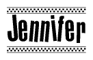 The image contains the text Jennifer in a bold, stylized font, with a checkered flag pattern bordering the top and bottom of the text.
