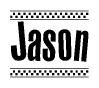 The image contains the text Jason in a bold, stylized font, with a checkered flag pattern bordering the top and bottom of the text.