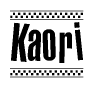 The image contains the text Kaori in a bold, stylized font, with a checkered flag pattern bordering the top and bottom of the text.