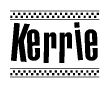 The image is a black and white clipart of the text Kerrie in a bold, italicized font. The text is bordered by a dotted line on the top and bottom, and there are checkered flags positioned at both ends of the text, usually associated with racing or finishing lines.