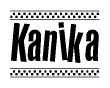 The image is a black and white clipart of the text Kanika in a bold, italicized font. The text is bordered by a dotted line on the top and bottom, and there are checkered flags positioned at both ends of the text, usually associated with racing or finishing lines.