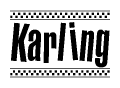 The image contains the text Karling in a bold, stylized font, with a checkered flag pattern bordering the top and bottom of the text.
