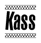 The image is a black and white clipart of the text Kass in a bold, italicized font. The text is bordered by a dotted line on the top and bottom, and there are checkered flags positioned at both ends of the text, usually associated with racing or finishing lines.