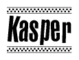 The clipart image displays the text Kasper in a bold, stylized font. It is enclosed in a rectangular border with a checkerboard pattern running below and above the text, similar to a finish line in racing. 