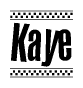The image is a black and white clipart of the text Kaye in a bold, italicized font. The text is bordered by a dotted line on the top and bottom, and there are checkered flags positioned at both ends of the text, usually associated with racing or finishing lines.