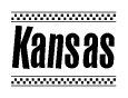 The clipart image displays the text Kansas in a bold, stylized font. It is enclosed in a rectangular border with a checkerboard pattern running below and above the text, similar to a finish line in racing. 