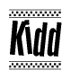 The image is a black and white clipart of the text Kidd in a bold, italicized font. The text is bordered by a dotted line on the top and bottom, and there are checkered flags positioned at both ends of the text, usually associated with racing or finishing lines.