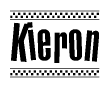The clipart image displays the text Kieron in a bold, stylized font. It is enclosed in a rectangular border with a checkerboard pattern running below and above the text, similar to a finish line in racing. 