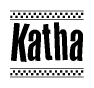 The image is a black and white clipart of the text Katha in a bold, italicized font. The text is bordered by a dotted line on the top and bottom, and there are checkered flags positioned at both ends of the text, usually associated with racing or finishing lines.