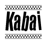 The image is a black and white clipart of the text Kabai in a bold, italicized font. The text is bordered by a dotted line on the top and bottom, and there are checkered flags positioned at both ends of the text, usually associated with racing or finishing lines.