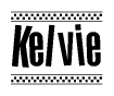 The image is a black and white clipart of the text Kelvie in a bold, italicized font. The text is bordered by a dotted line on the top and bottom, and there are checkered flags positioned at both ends of the text, usually associated with racing or finishing lines.