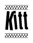 The image is a black and white clipart of the text Kitt in a bold, italicized font. The text is bordered by a dotted line on the top and bottom, and there are checkered flags positioned at both ends of the text, usually associated with racing or finishing lines.