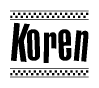 The image is a black and white clipart of the text Koren in a bold, italicized font. The text is bordered by a dotted line on the top and bottom, and there are checkered flags positioned at both ends of the text, usually associated with racing or finishing lines.