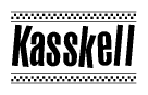 The image is a black and white clipart of the text Kasskell in a bold, italicized font. The text is bordered by a dotted line on the top and bottom, and there are checkered flags positioned at both ends of the text, usually associated with racing or finishing lines.