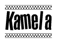 The clipart image displays the text Kamela in a bold, stylized font. It is enclosed in a rectangular border with a checkerboard pattern running below and above the text, similar to a finish line in racing. 