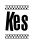 The image is a black and white clipart of the text Kes in a bold, italicized font. The text is bordered by a dotted line on the top and bottom, and there are checkered flags positioned at both ends of the text, usually associated with racing or finishing lines.