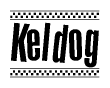 The image is a black and white clipart of the text Keldog in a bold, italicized font. The text is bordered by a dotted line on the top and bottom, and there are checkered flags positioned at both ends of the text, usually associated with racing or finishing lines.