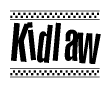 The image is a black and white clipart of the text Kidlaw in a bold, italicized font. The text is bordered by a dotted line on the top and bottom, and there are checkered flags positioned at both ends of the text, usually associated with racing or finishing lines.