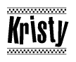 The image is a black and white clipart of the text Kristy in a bold, italicized font. The text is bordered by a dotted line on the top and bottom, and there are checkered flags positioned at both ends of the text, usually associated with racing or finishing lines.
