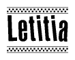 The clipart image displays the text Letitia in a bold, stylized font. It is enclosed in a rectangular border with a checkerboard pattern running below and above the text, similar to a finish line in racing. 