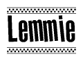 The clipart image displays the text Lemmie in a bold, stylized font. It is enclosed in a rectangular border with a checkerboard pattern running below and above the text, similar to a finish line in racing. 