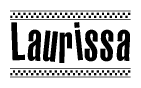 The image contains the text Laurissa in a bold, stylized font, with a checkered flag pattern bordering the top and bottom of the text.