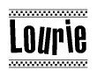 The image contains the text Lourie in a bold, stylized font, with a checkered flag pattern bordering the top and bottom of the text.