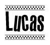 The image contains the text Lucas in a bold, stylized font, with a checkered flag pattern bordering the top and bottom of the text.