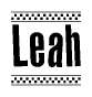 The image contains the text Leah in a bold, stylized font, with a checkered flag pattern bordering the top and bottom of the text.