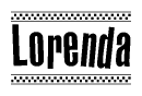 The clipart image displays the text Lorenda in a bold, stylized font. It is enclosed in a rectangular border with a checkerboard pattern running below and above the text, similar to a finish line in racing. 