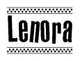 The image is a black and white clipart of the text Lenora in a bold, italicized font. The text is bordered by a dotted line on the top and bottom, and there are checkered flags positioned at both ends of the text, usually associated with racing or finishing lines.