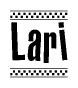 The image is a black and white clipart of the text Lari in a bold, italicized font. The text is bordered by a dotted line on the top and bottom, and there are checkered flags positioned at both ends of the text, usually associated with racing or finishing lines.
