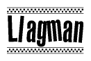 The image is a black and white clipart of the text Llagman in a bold, italicized font. The text is bordered by a dotted line on the top and bottom, and there are checkered flags positioned at both ends of the text, usually associated with racing or finishing lines.