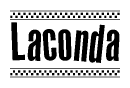 The image contains the text Laconda in a bold, stylized font, with a checkered flag pattern bordering the top and bottom of the text.
