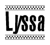 The image contains the text Lyssa in a bold, stylized font, with a checkered flag pattern bordering the top and bottom of the text.