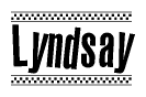 The clipart image displays the text Lyndsay in a bold, stylized font. It is enclosed in a rectangular border with a checkerboard pattern running below and above the text, similar to a finish line in racing. 
