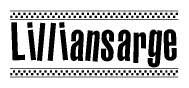 The image is a black and white clipart of the text Lilliansarge in a bold, italicized font. The text is bordered by a dotted line on the top and bottom, and there are checkered flags positioned at both ends of the text, usually associated with racing or finishing lines.