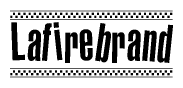 The image is a black and white clipart of the text Lafirebrand in a bold, italicized font. The text is bordered by a dotted line on the top and bottom, and there are checkered flags positioned at both ends of the text, usually associated with racing or finishing lines.