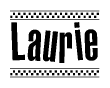 The image is a black and white clipart of the text Laurie in a bold, italicized font. The text is bordered by a dotted line on the top and bottom, and there are checkered flags positioned at both ends of the text, usually associated with racing or finishing lines.