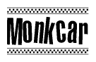 The image contains the text Monkcar in a bold, stylized font, with a checkered flag pattern bordering the top and bottom of the text.