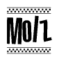 The image is a black and white clipart of the text Molz in a bold, italicized font. The text is bordered by a dotted line on the top and bottom, and there are checkered flags positioned at both ends of the text, usually associated with racing or finishing lines.