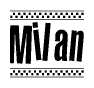 The clipart image displays the text Milan in a bold, stylized font. It is enclosed in a rectangular border with a checkerboard pattern running below and above the text, similar to a finish line in racing. 