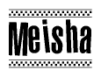 The clipart image displays the text Meisha in a bold, stylized font. It is enclosed in a rectangular border with a checkerboard pattern running below and above the text, similar to a finish line in racing. 