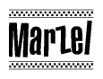 The image contains the text Marzel in a bold, stylized font, with a checkered flag pattern bordering the top and bottom of the text.