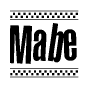 The image is a black and white clipart of the text Mabe in a bold, italicized font. The text is bordered by a dotted line on the top and bottom, and there are checkered flags positioned at both ends of the text, usually associated with racing or finishing lines.