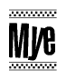 The clipart image displays the text Mye in a bold, stylized font. It is enclosed in a rectangular border with a checkerboard pattern running below and above the text, similar to a finish line in racing. 