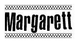 The clipart image displays the text Margarett in a bold, stylized font. It is enclosed in a rectangular border with a checkerboard pattern running below and above the text, similar to a finish line in racing. 