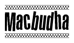 The image contains the text Macbudha in a bold, stylized font, with a checkered flag pattern bordering the top and bottom of the text.