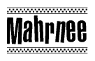 The image is a black and white clipart of the text Mahrnee in a bold, italicized font. The text is bordered by a dotted line on the top and bottom, and there are checkered flags positioned at both ends of the text, usually associated with racing or finishing lines.